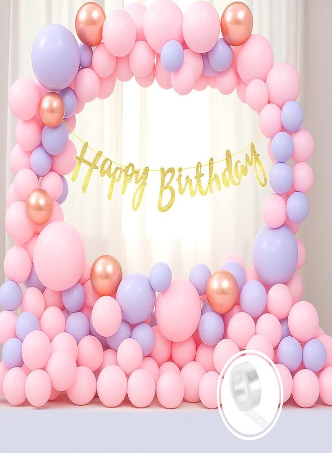 Flyloons Purple Pink birthday decoration items for Girls Kids baby 61pcs Set, Golden Glitter happy birthday banner, Pastel and Rose Gold Chrome Balloons, Arch Tape for Ring Design - Image 1